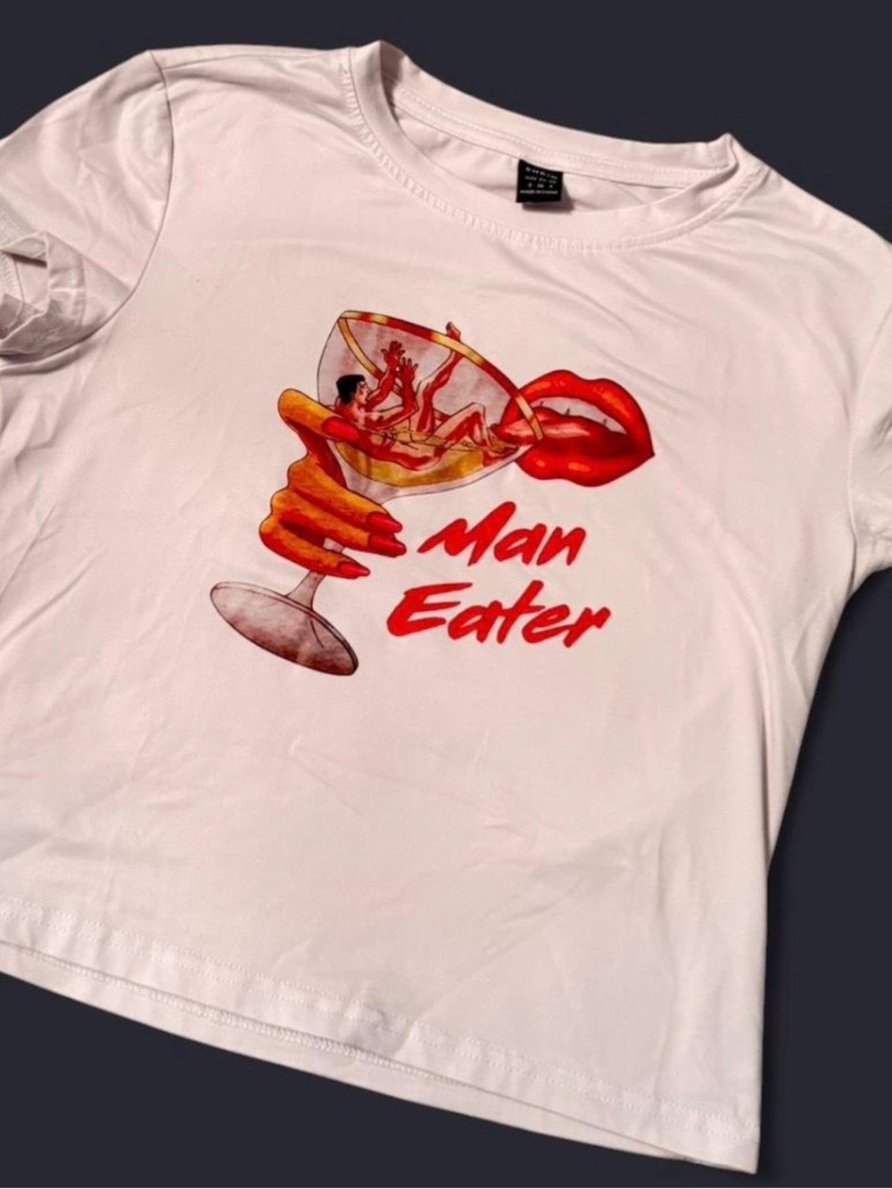 White Graphic Baby Tee - "Man Eater" Print